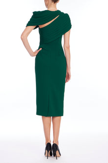 Badgley Mischka | Cap Sleeve Pleated Shoulder Dress | Dark Emerald