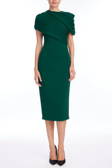 Badgley Mischka | Cap Sleeve Pleated Shoulder Dress | Dark Emerald