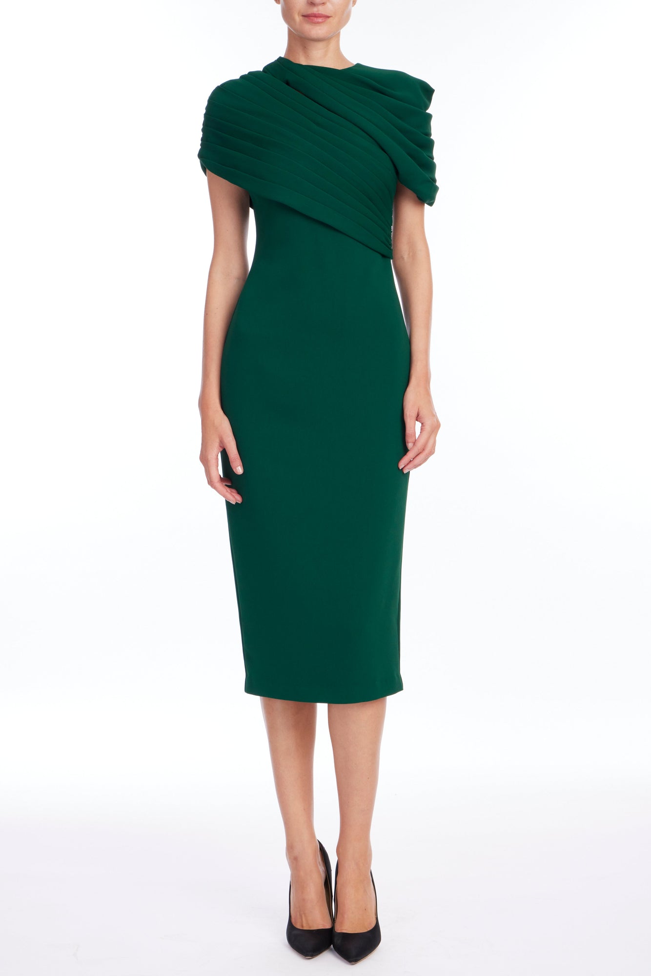 Badgley Mischka | Cap Sleeve Pleated Shoulder Dress | Dark Emerald