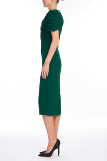 Badgley Mischka | Cap Sleeve Pleated Shoulder Dress | Dark Emerald