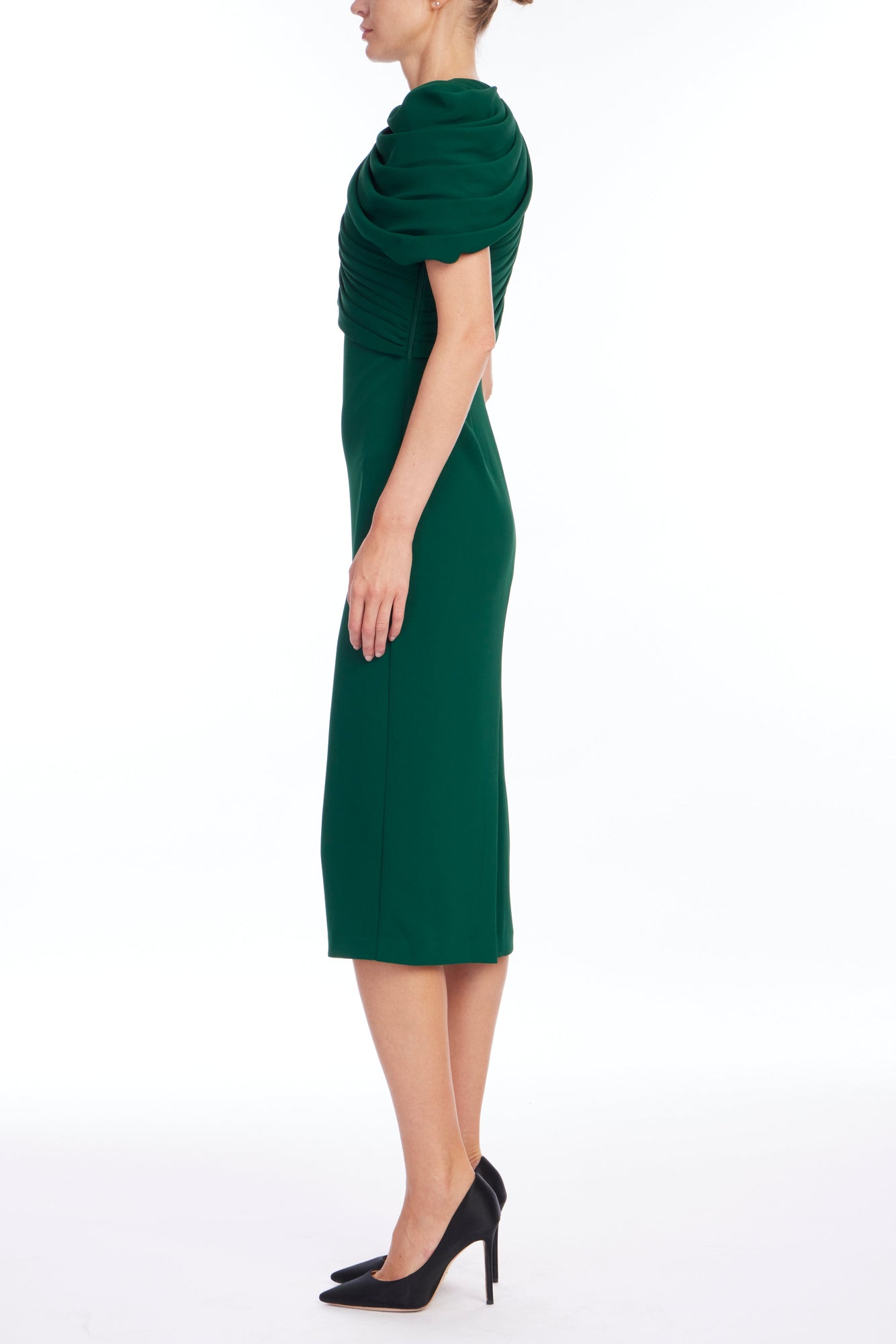 Badgley Mischka | Cap Sleeve Pleated Shoulder Dress | Dark Emerald