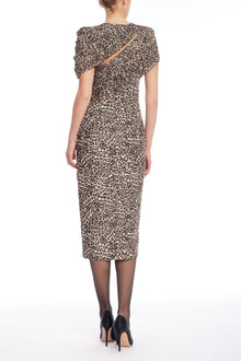 Badgley Mischka | Leopard Print Draped Midi Cocktail Dress | Multicolor