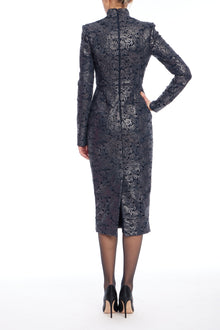 Badgley Mischka | Navy Foiled Lace High-Collar Cocktail Dress | Navy