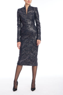 Badgley Mischka | Navy Foiled Lace High-Collar Cocktail Dress | Navy