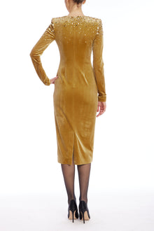 Badgley Mischka | Gold Velvet Long Sleeve Beaded Shoulder Midi Dress | Gold