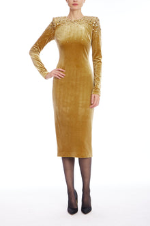 Badgley Mischka | Gold Velvet Long Sleeve Beaded Shoulder Midi Dress | Gold