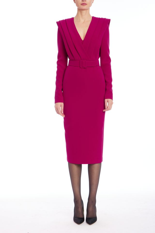 Badgley Mischka | Long Sleeve V-Neck Belted Midi Dress | Raspberry