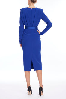 Badgley Mischka | Long Sleeve V-Neck Belted Midi Dress | Cobalt
