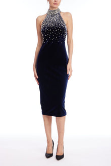 Badgley Mischka | Navy Velvet Pearl-Embellished Halter Midi Dress | Navy
