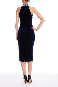 Badgley Mischka | Navy Velvet Pearl-Embellished Halter Midi Dress | Navy