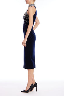 Badgley Mischka | Navy Velvet Pearl-Embellished Halter Midi Dress | Navy