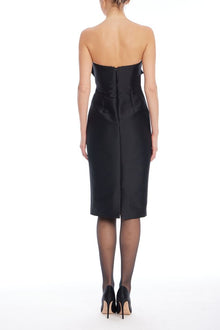 Badgley Mischka | Black Strapless Midi Sheath with Sequin Bow Detail | Black