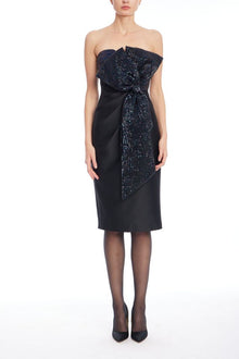 Badgley Mischka | Black Strapless Midi Sheath with Sequin Bow Detail | Black