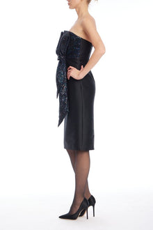 Badgley Mischka | Black Strapless Midi Sheath with Sequin Bow Detail | Black