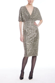 Badgley Mischka | Gunmetal Sequin V-Neck Midi Dress | Gunmetal