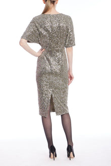 Badgley Mischka | Gunmetal Sequin V-Neck Midi Dress | Gunmetal