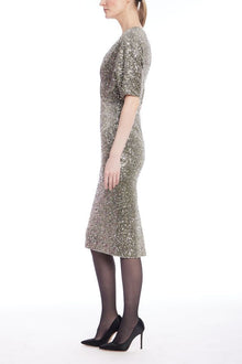 Badgley Mischka | Gunmetal Sequin V-Neck Midi Dress | Gunmetal