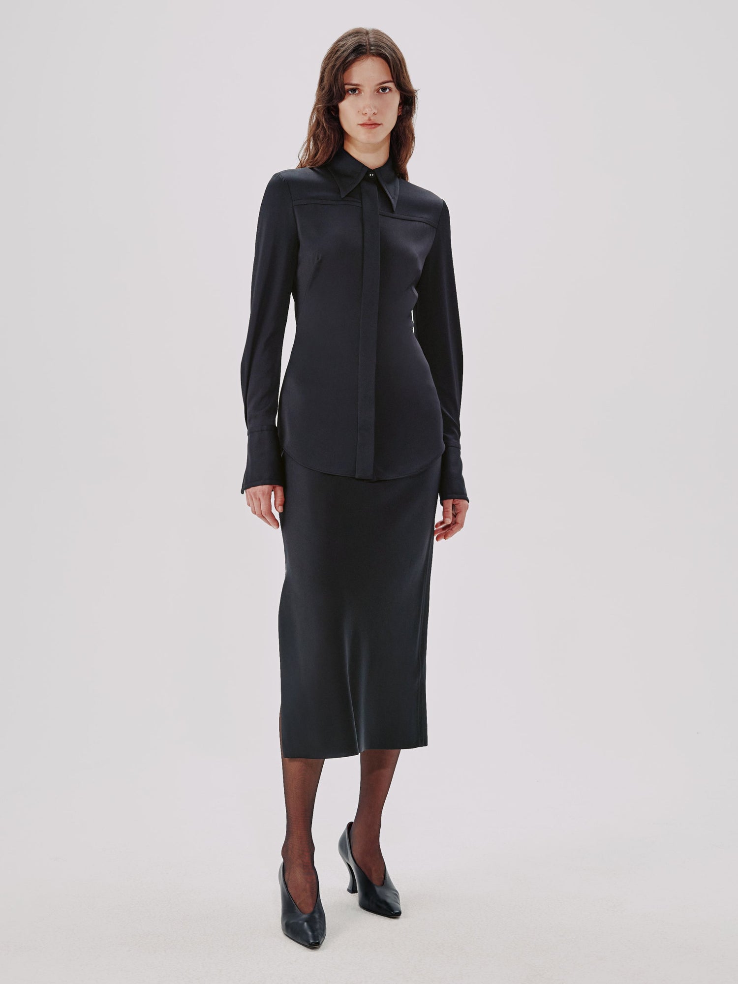 Another Tomorrow Bias Seamed Shirt in Black – Viscose Women's Top