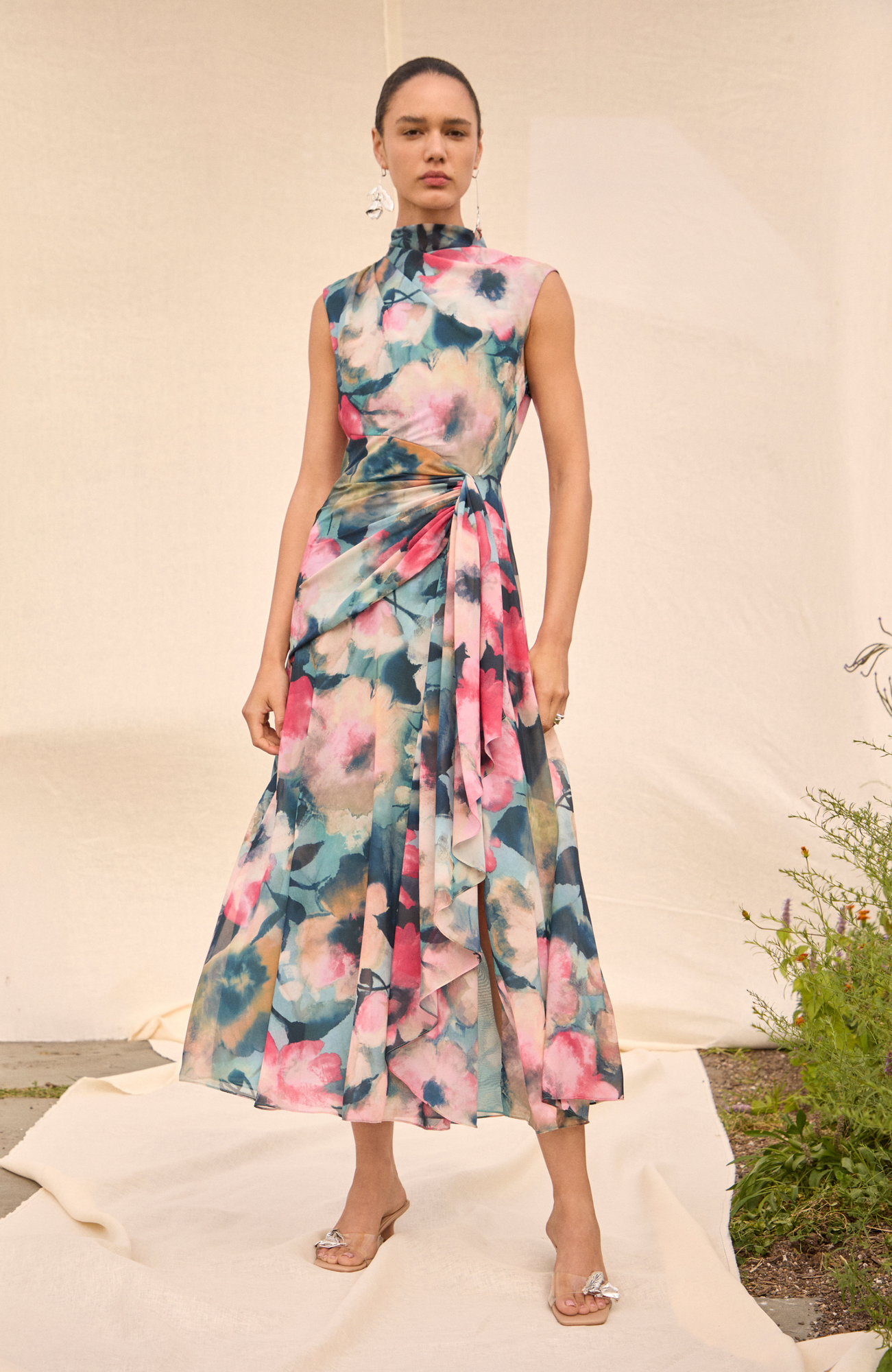 Floral Printed Chiffon Draped Dress | Mist Multi