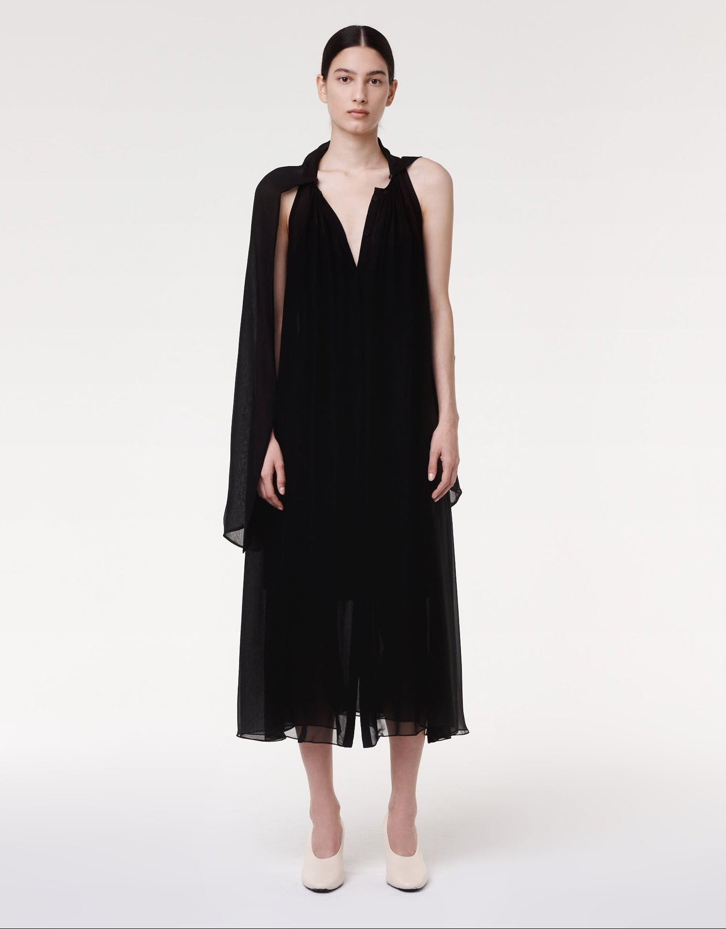Another Tomorrow Silk Chiffon Scarf Dress in Black – Silk Women's Dress