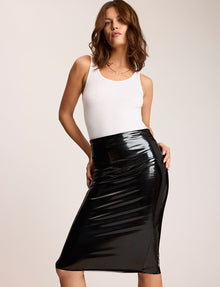 Faux Patent Leather Midi Skirt::Black::Hover