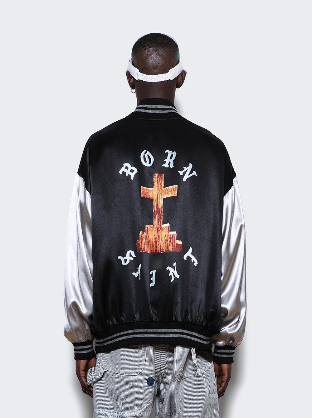 Men | Saint Mxxxxxx X Born X Raised | Satin Varsity Jacket | Black