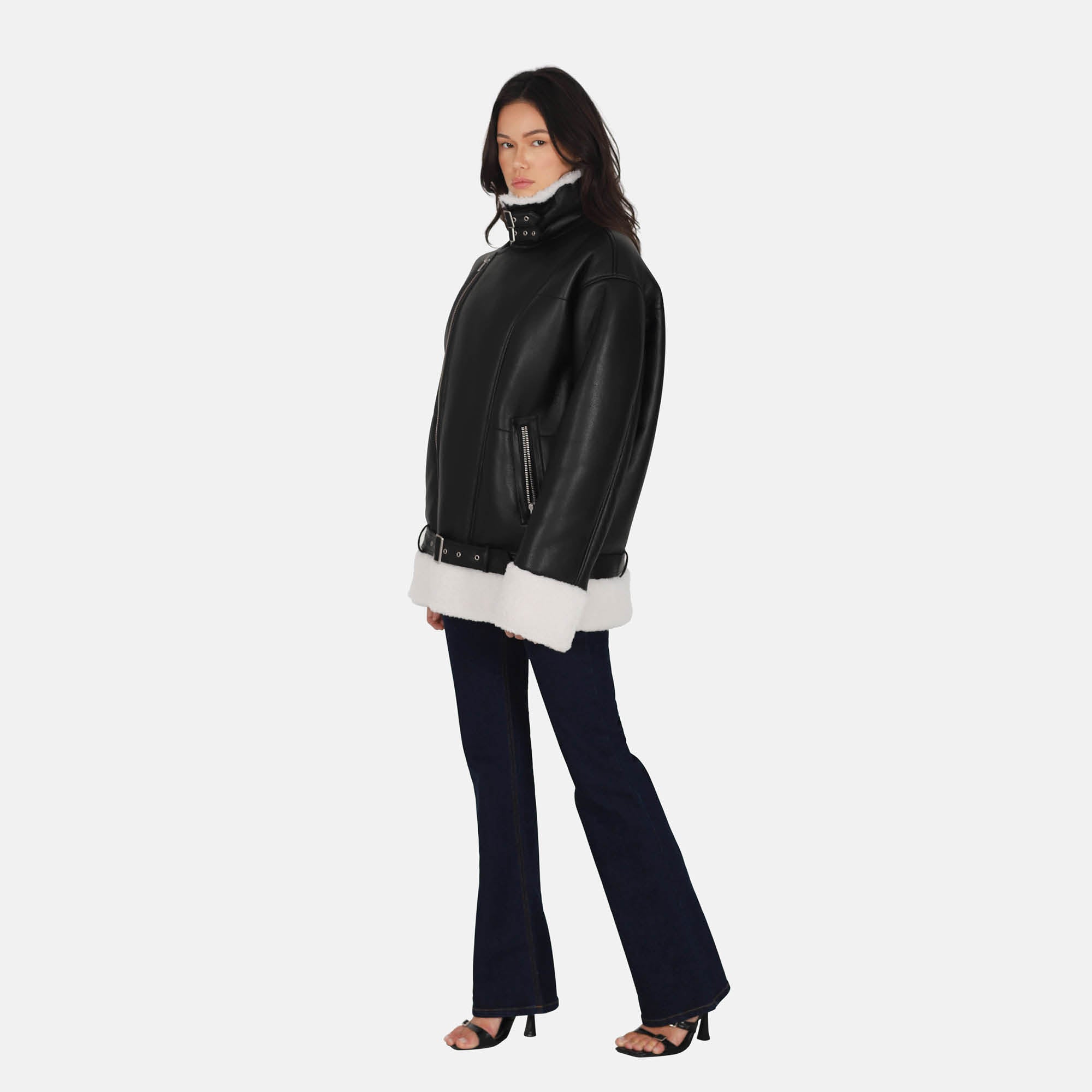 OW Collection Stockholm Faux Shearling Jacket | Black/Ivory