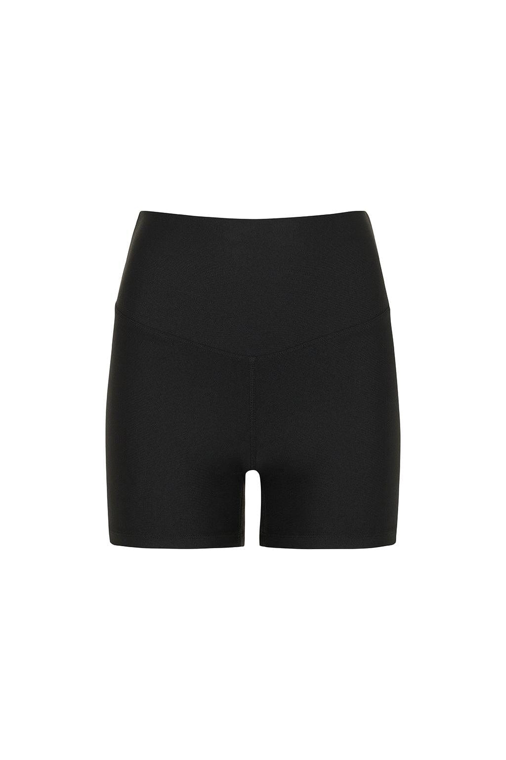 Black bike short with high waistband and center seam detail.