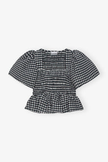 Seersucker Check Open neck Smock Blouse | Egret