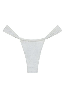 White textured bikini bottom with tie-side straps and wide leg openings.