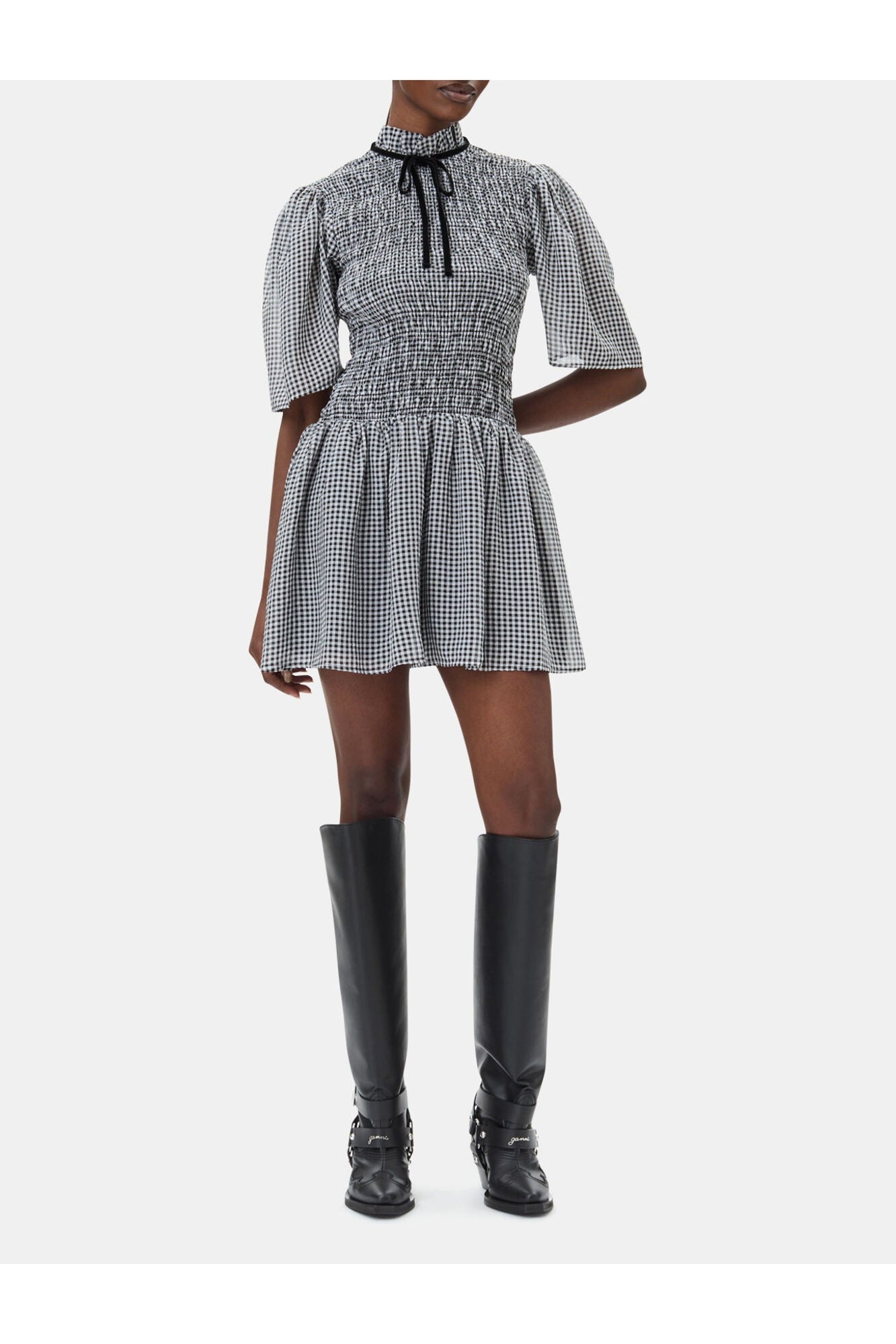 Sheer Check Mini Smock Dress | Black