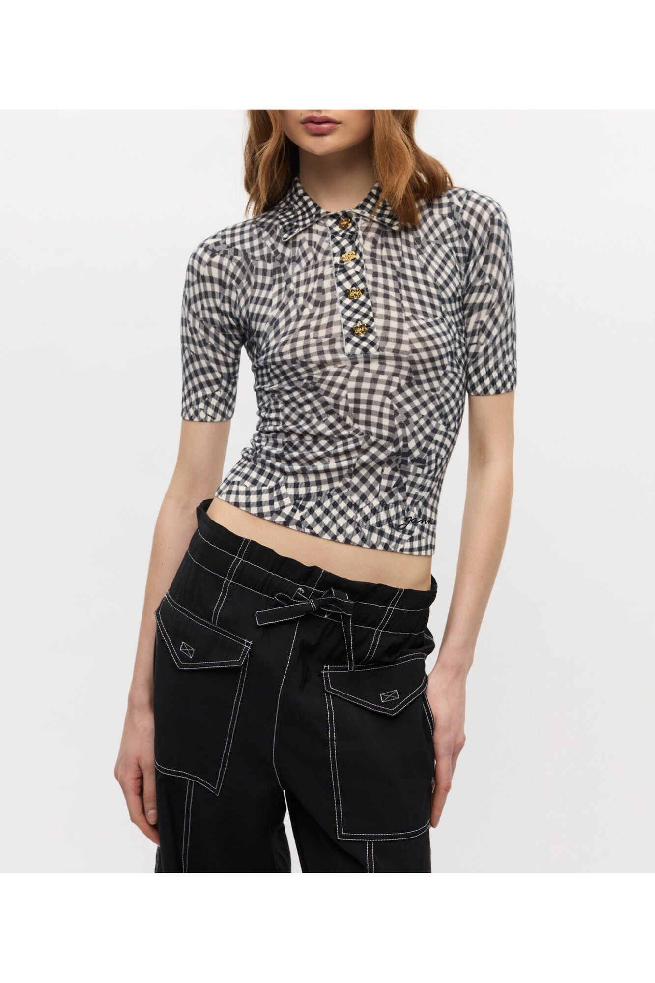 Sheer Cotton Printed Polo Shirt | Black