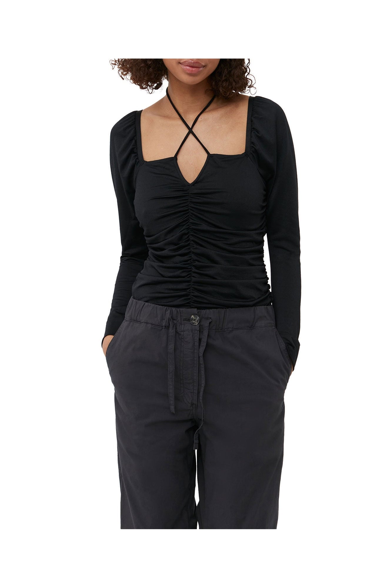 Shiny Crepe Jersey Ruched Blouse | Black