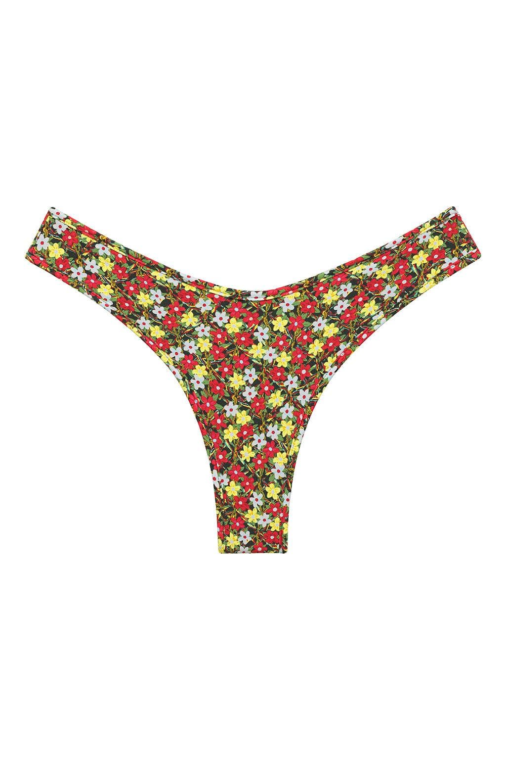 Red, yellow, and white floral print bikini bottom with high-cut legs and thong style.