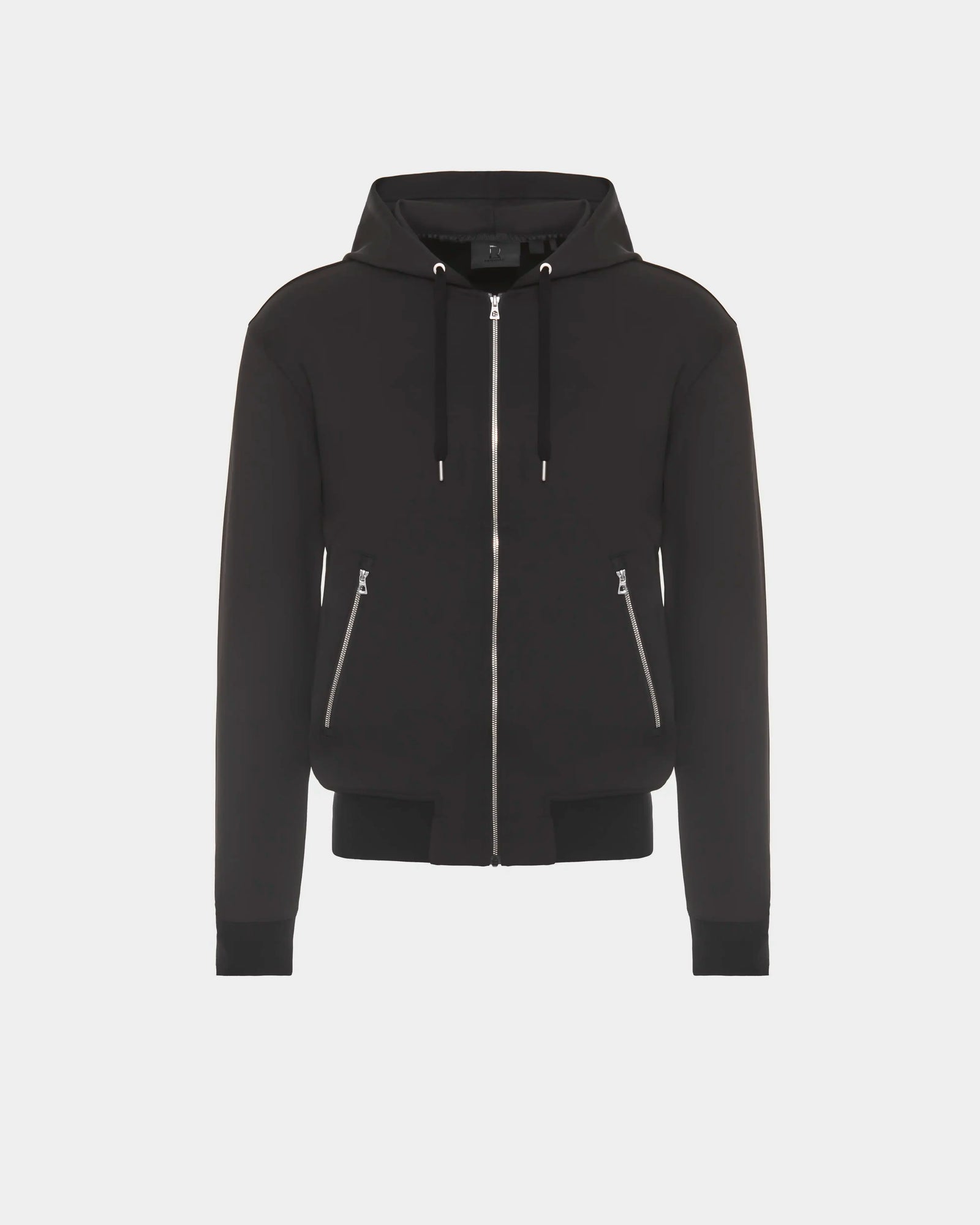 The RUDSAK ROGER - U523507 Black M is a unisex zip-up hoodie with two front zippered pockets and hood drawstrings, ideal for urban style. Shown on a plain white background.