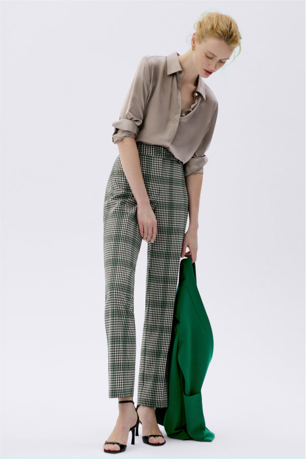 front image of a woman wearing the smith pant in check plaid | Exclude | ALT GRID