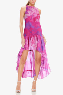 ONE33 SOCIAL | The Lila Printed High Low Halter Gown | Pink / White / Purple