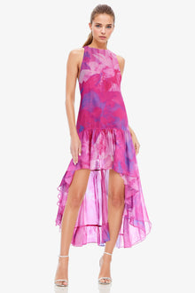 ONE33 SOCIAL | The Lila Printed High Low Halter Gown | Pink / White / Purple