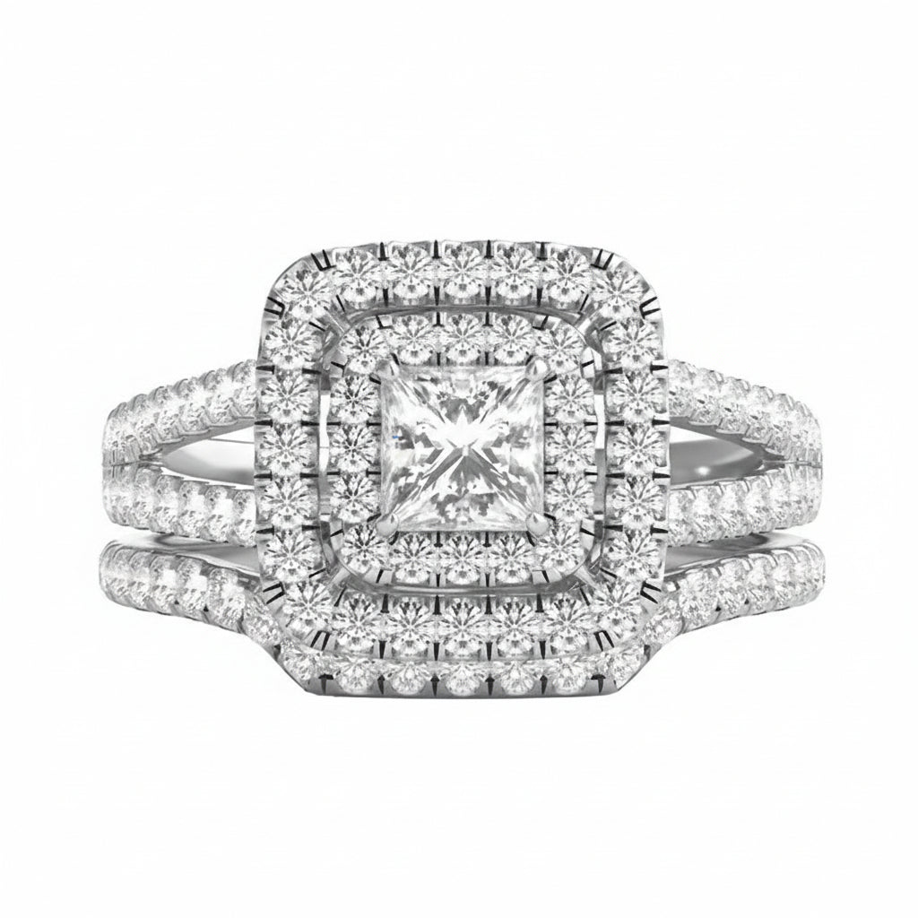 1.50 CT Princess/Round Natural Diamond | Bridal Set Ring - I | 14K White Gold | J-K Color | I1 Clarity