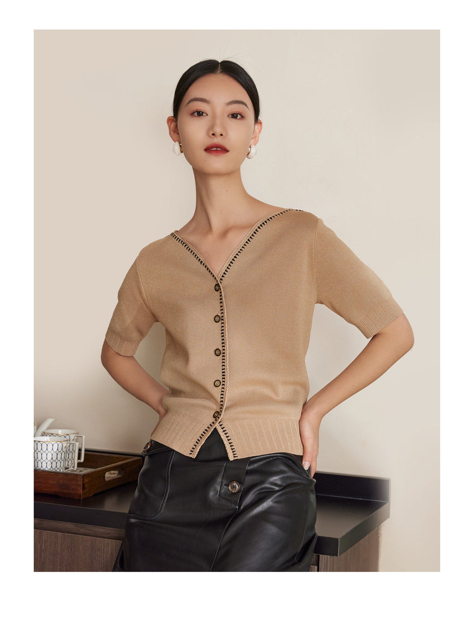 V-neck Knitted Cardigan | Khaki