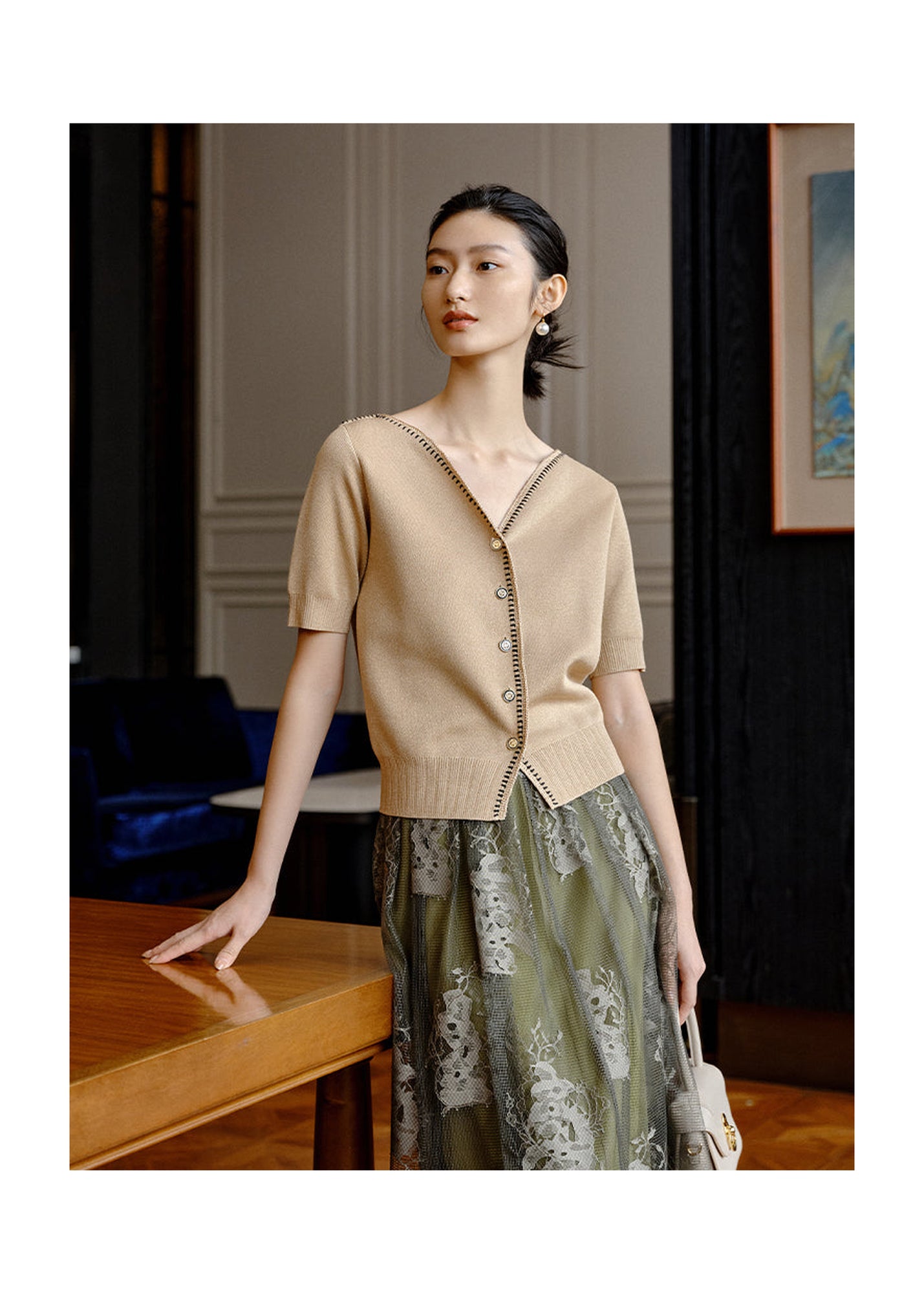 V-neck Knitted Cardigan | Khaki