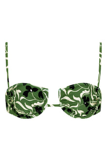 Green and cream floral bikini top with black flowers, adjustable shoulder straps, and ruched sides.