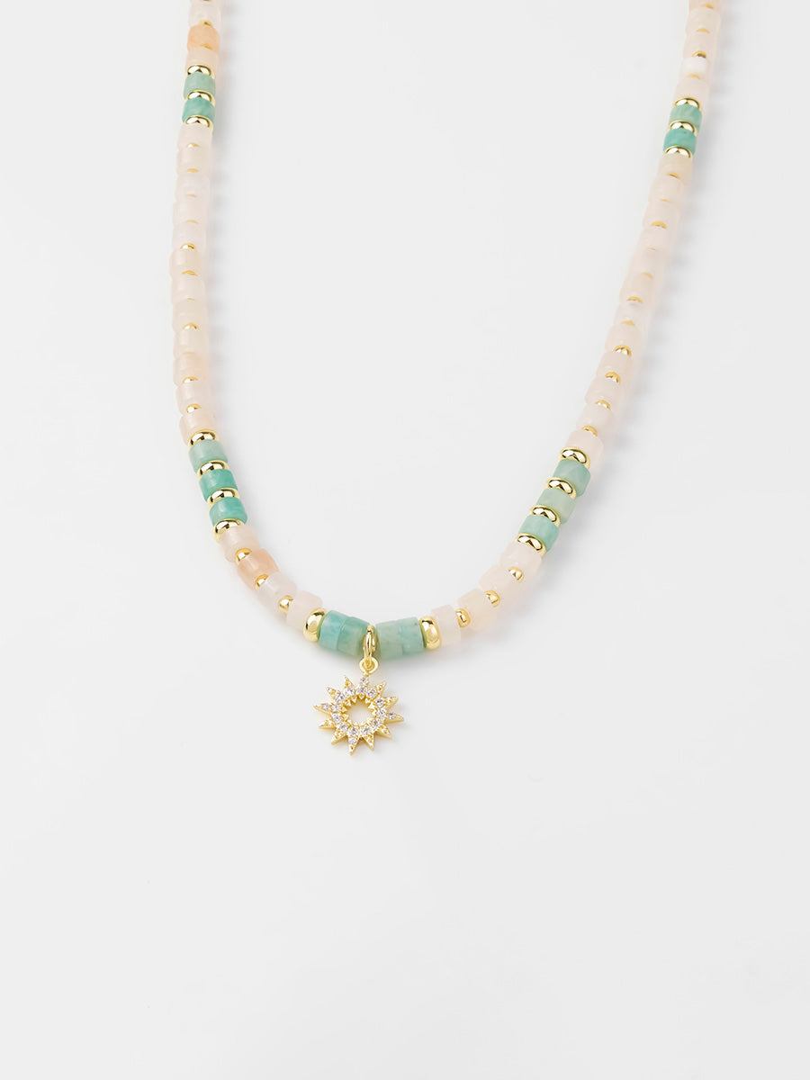 Sun Hues Beaded Necklace | Pink Opal/Amazonite/5A Grade Cubic Zirconia | 14K Gold Plated Brass