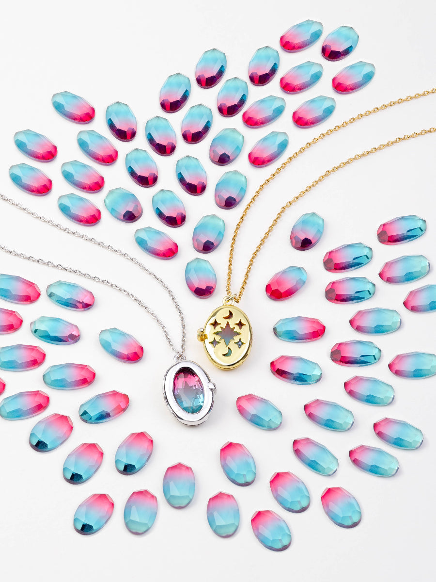 Aura Ombre Locket Necklace | Fuchsia/Turquoise Glass | 14K Gold Plated Brass