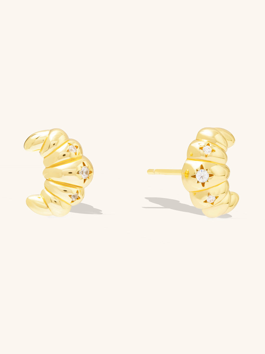 Croissant Stud Earrings | 5A Grade Cubic Zirconia | 14K Gold Plated Brass