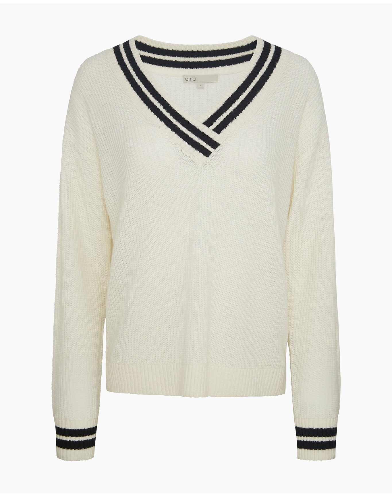 Women | Deep V Neck Varsity Pullover Sweater | Off White Black