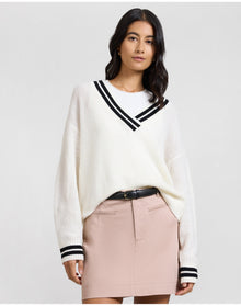 Women | Deep V Neck Varsity Pullover Sweater | Off White Black