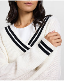 Women | Deep V Neck Varsity Pullover Sweater | Off White Black