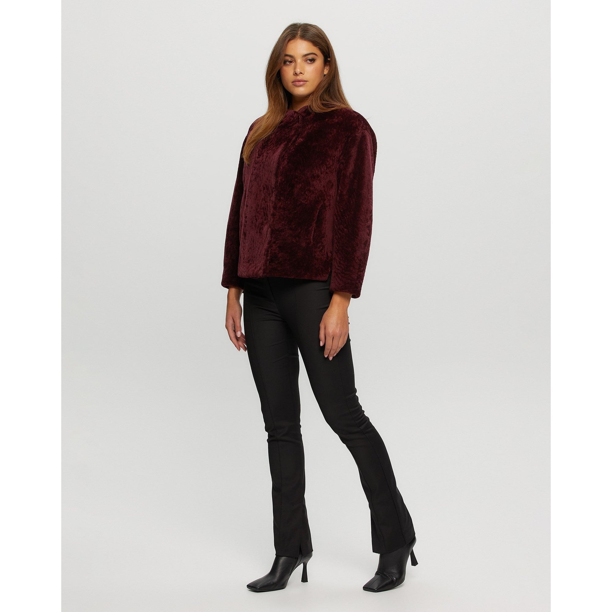 Women | Textured Shearling Lamb Jacket | Merlot