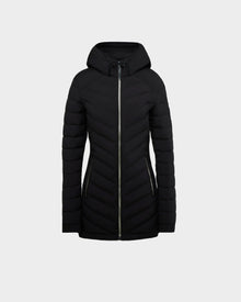 The Rudsak COSETTE - L124004 Black is a women’s fitted, black down jacket with a hood, long sleeves, matte chevron quilting, front zipper, and two zippered side pockets, shown on a plain light gray background.